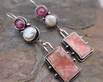 Artisan gemstone collage sterling silver earrings Rhodochrosite, Keishi pearl and pink sapphire