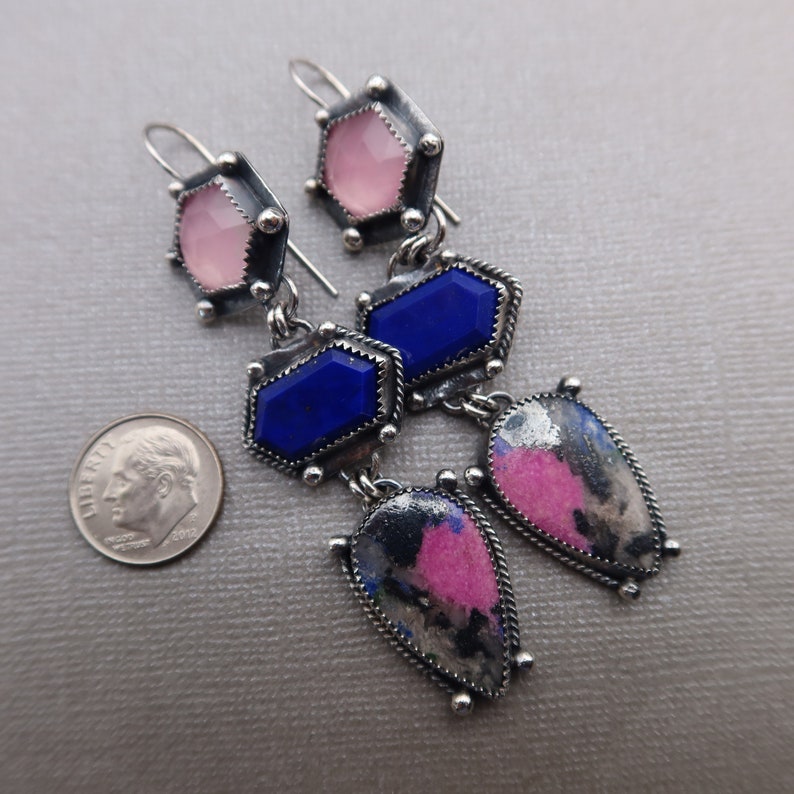 triple drop gemstone collage sterling silver earrings Cobalto Calcite, Lapis and Rose Quartz image 3