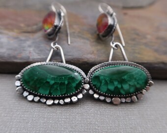malachite and aurora opal crystal doublet statement sterling silver earrings
