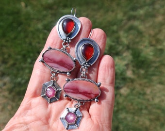 Triple Drop Gemstone Collage Sterling Silver Earrings imperial Jasper, Hessonite Garnet and Pink Sapphire