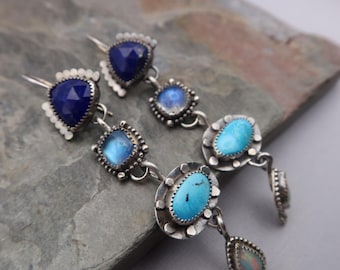 Lapis, Moonstone, Turquoise & Opal Sterling Silver Dangle Earrings