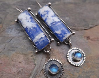 Plume Agate Doublet and Rainbow Moonstone Gemstone Sterling Silver Earrings