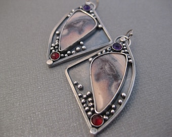 Porcelain Jasper Amethyst and garnet artisan silversmith earrings