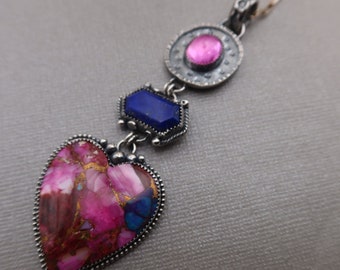 Spiny Oyster, Lapis, Pink Sapphire Southwestern Statement Sterling silver Metalsmith Pendant