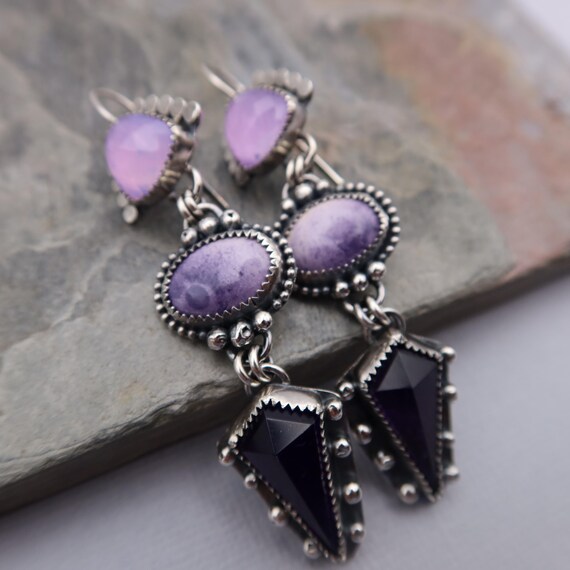 Linear Drop Sterling Silver Purple Statement Earrings Lavender Quartz, Amethyst and Tiffany Stone