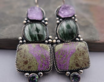 Multi Gemstone Sterling Silver Earrings pink amethyst, green Rutile, Stitchite Amethyst and Mystic Topaz
