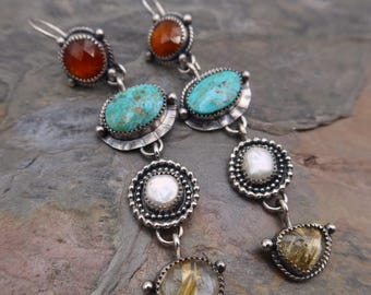 4 gemstone sterling silver earrings Orange Kyanite, Gold Rutile, Keishi Pearl, Turquoise