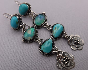 Lineare Tropfen Blumen Ohrringe Sterling Silber Manassas Türkis und Äthiopischer Opal