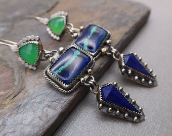 SOLD/Reserved Triple Gemstone Collage Sterling Silver Earrings Lapis, Azurite and Chrysoprase