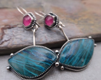 CLearance/Reduced Shattuckite and Ruby Sterling Silver Drop Earrings