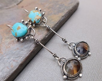 Number 8 turquoise and montana Agate long dangle artisan sterling silver earrings