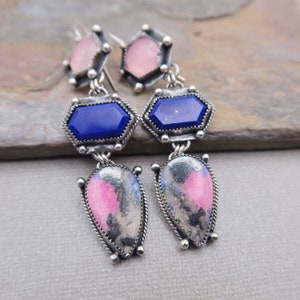 triple drop gemstone collage sterling silver earrings Cobalto Calcite, Lapis and Rose Quartz image 6