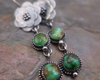 Sterling Silver Metalsmith Flower Earrings with Sonoran Gold Turquoise