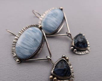 Artisan Blue Opal and Pietersite Sterling Silver Earrings