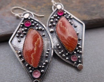 Sale/Clearance Rhodochrosite, pink sapphire and ruby artisan silversmith statement earrings