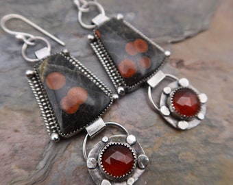 SOLD/Reserved Peanut Obsidian and Hessonite Garnet Sterling Silver Metalsmith Earrings