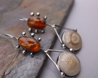 Solar Quartz and Orange Kyanite Sterling Silver Metalsmith Earrings