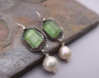 Artisan Sterling Silver Green Kyanite and Baroque Pearl Earrings