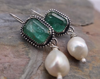 Artisan Sterling Silver Green Kyanite and Baroque Pearl Fireball Earrings