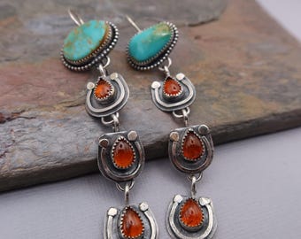 Turquoise and Orange Sapphire Long Boho Sterling Silver Metalsmith Earrings