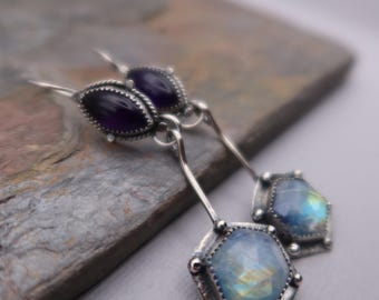 Rainbow Moonstone trillion and Amethyst hexagon drop Sterling silver Metalsmith Earrings