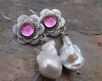 Artisan Sterling Silver Flower Baroque Pearl Fireball and Pink Sapphire Earrings