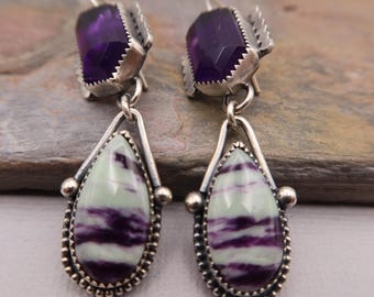 Artisan Hammered Sterling Silver Earrings Kammererite, Purple Amethyst