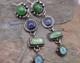 Gemstone Sterling Silver Dangle Earrings: 4 stone Garnet, Tanzanite, Kyanite