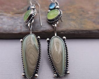 Imperial Jasper, Prehnite and London Blue Topaz Sterling Silver Statement Metalsmith Earrings