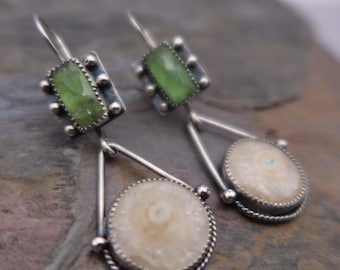 Green Kyanite and Solar Quartz Statement Sterling Silver Silversmith Earrings