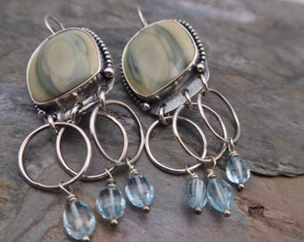 Royal Imperial Jasper and Blue Topaz Sterling Silver Metalsmith Earrings