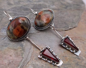 Peanut Obsidian and Hessonite Garnet Sterling Silver Metalsmith Earrings