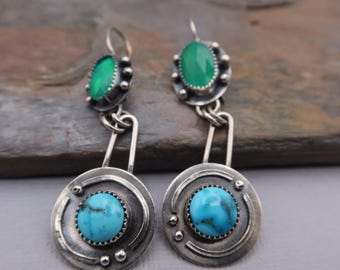 Turquoise and Green Opal Sterling silver Metalsmith Earrings