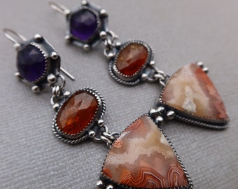 Crazy Lace Agate, Orange Kyanite and Amethyst Sterling Silver Metalsmith Earrings