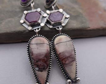 Artisan handmade Sterling Silver Metalwork Earrings Porcelain Jasper, Amethyst and Purple Sapphire