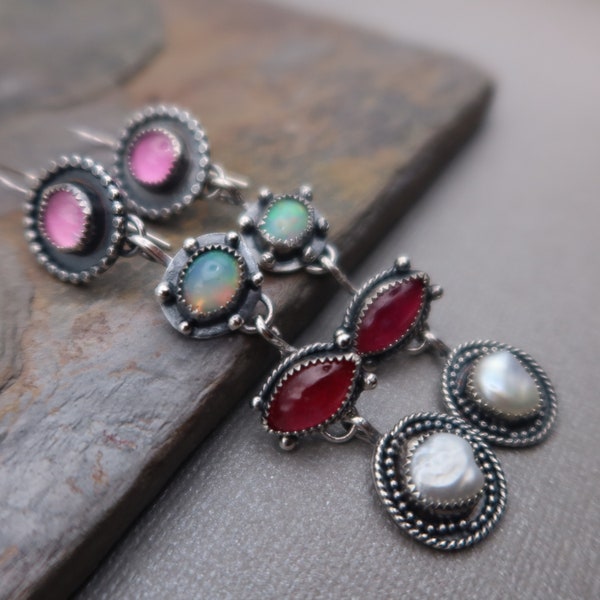 SOLD/Reserved Long Dramatic Sterling Silver Metalsmith Earrings Pink Sapphires, Ethiopian Opals and Keishi Pearls