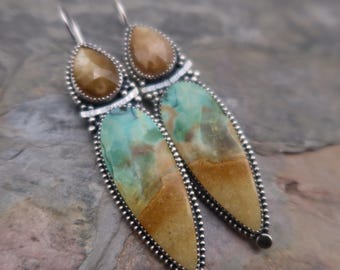Opalized Wood and Gold Sapphire sterling silver metalsmith earrings