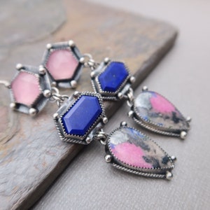 triple drop gemstone collage sterling silver earrings Cobalto Calcite, Lapis and Rose Quartz image 7