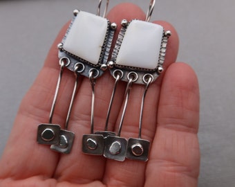 White Turquoise Square Sterling Silver fringe earrings