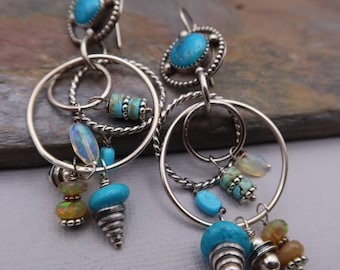 Sterling Silver Hammered Hoop Metalsmith Earrings Turquoise and Ethiopian opal