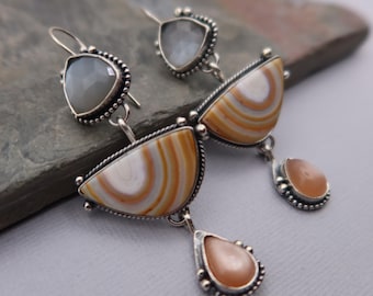 Artistic Handmade Earrings Sterling Silver Gray Moonstone, Crazy Lace Agate and Peach Moonstoe