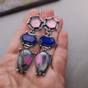 triple drop gemstone collage sterling silver earrings Cobalto Calcite, Lapis and Rose Quartz image 4