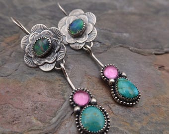 Sterling Silver Mixed Stone Opal, Turquoise and Pink Sapphire Statement Flower Earrings