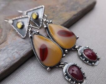 Triple Drop Sterling Silver Earrings Mookaite, Ruby and Yellow Cubic Zirconia