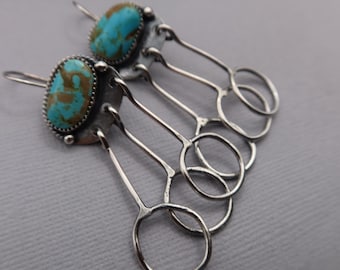 King Manassa Turquoise Sterling Silver Artisan Drop Hoop Earrings