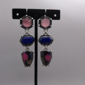 triple drop gemstone collage sterling silver earrings Cobalto Calcite, Lapis and Rose Quartz image 8