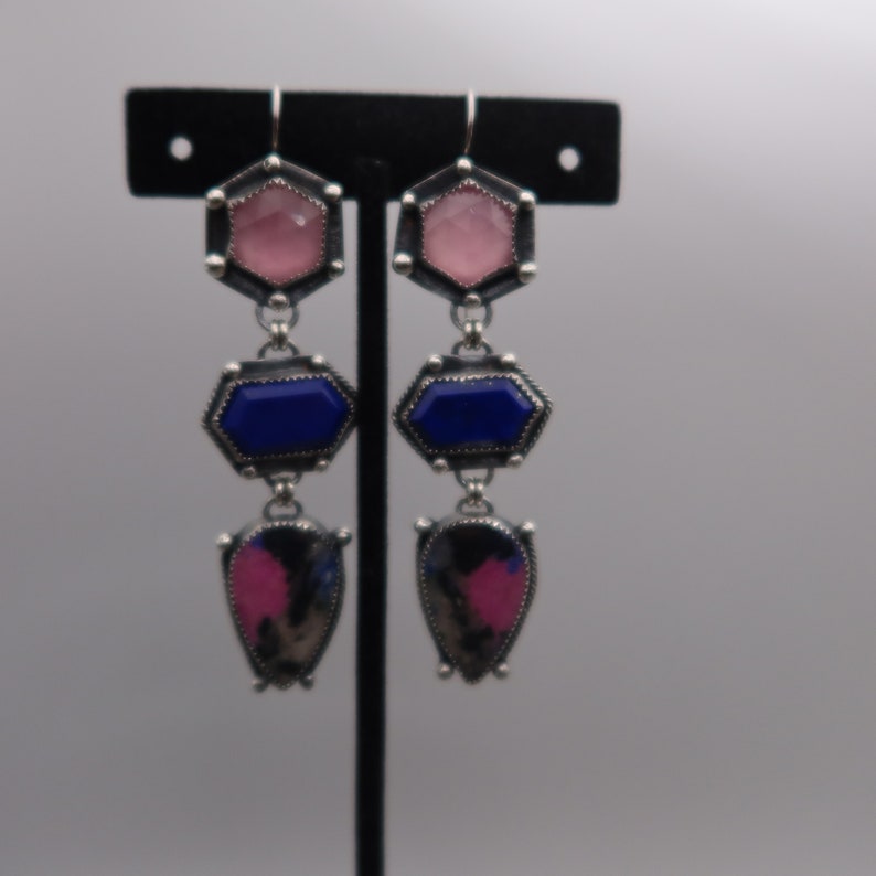 triple drop gemstone collage sterling silver earrings Cobalto Calcite, Lapis and Rose Quartz image 8