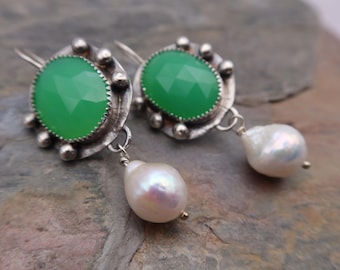 Chrysoprase and Baroque Pearl Sterling Silver Metalsmith Earrings
