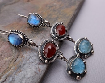 Triple Dangle Drop Sterling Silver Metalsmith Earrings Rainbow Moonstone, Garnet and Aquamarine