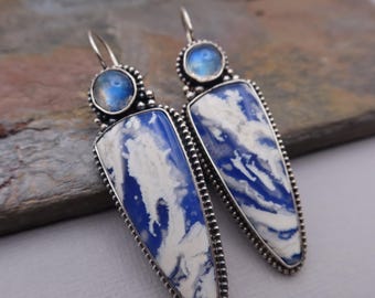 Plume Agate Doublet and Rainbow Moonstone Gemstone Sterling Silver Earrings